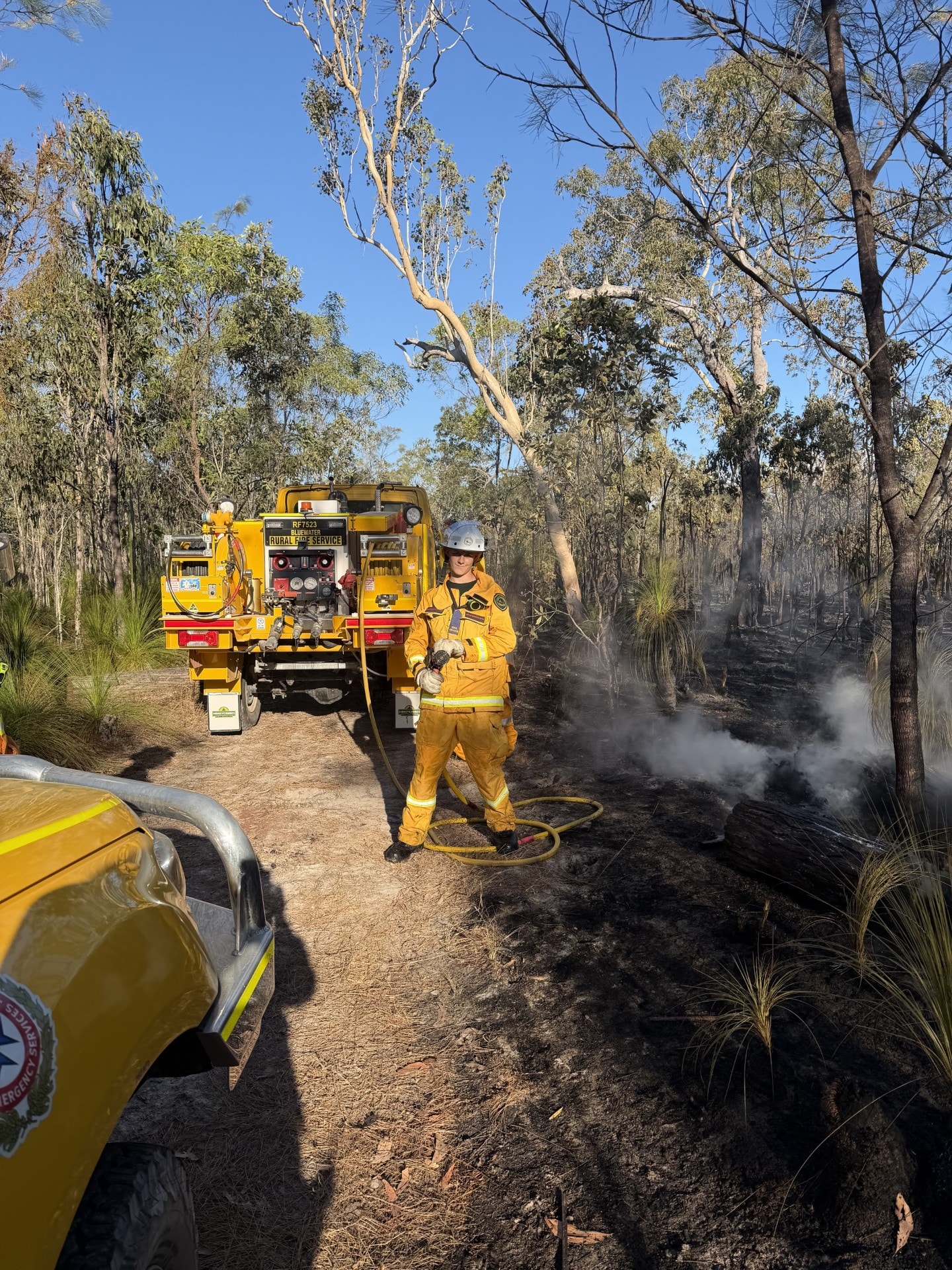 Hudson volunteering as a bush fire fighter with Bluewater Rural Fire Brigade