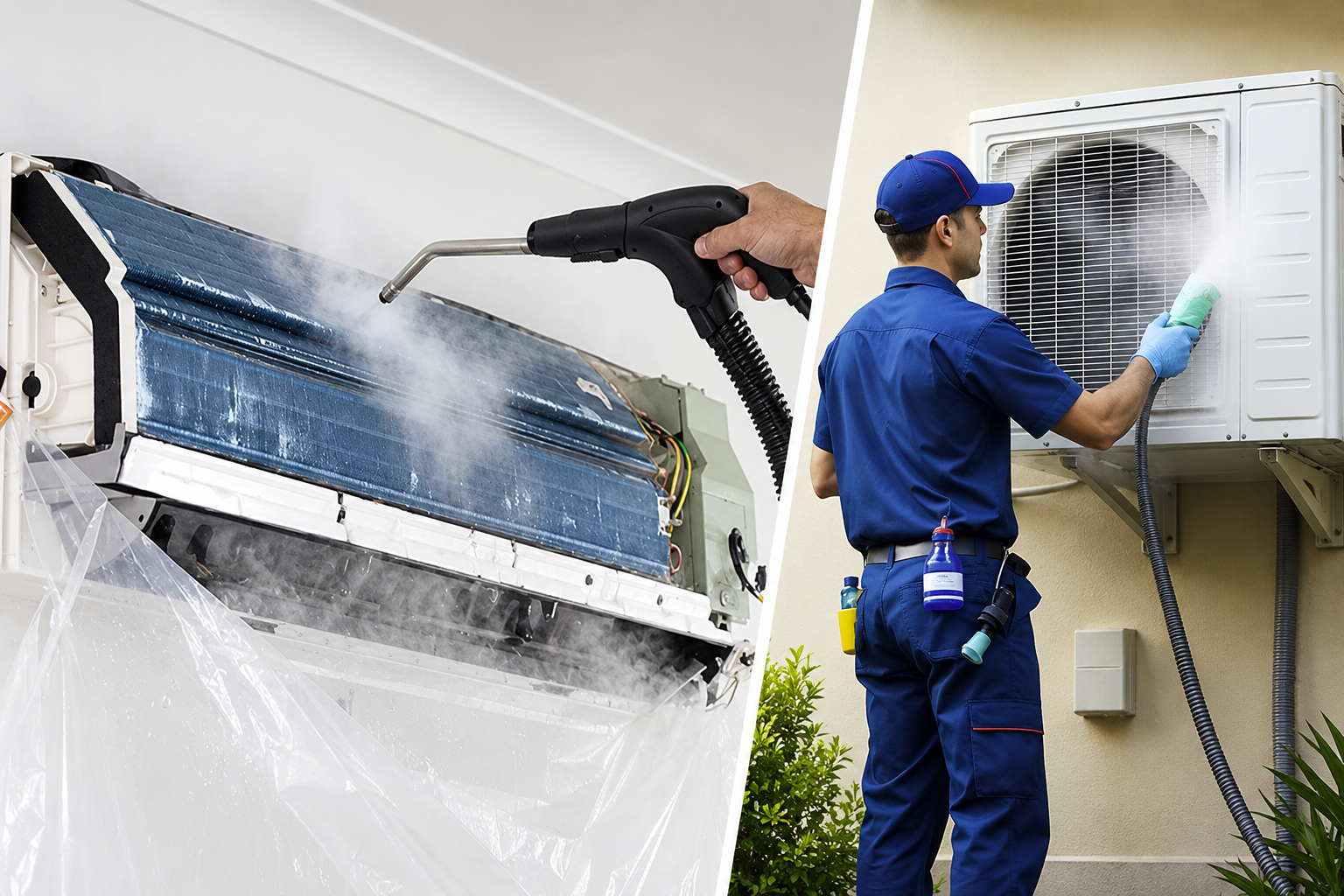 Indoor split-system air conditioner being steam cleaned, and outdoor unit being wiped down — equipment marketing photo