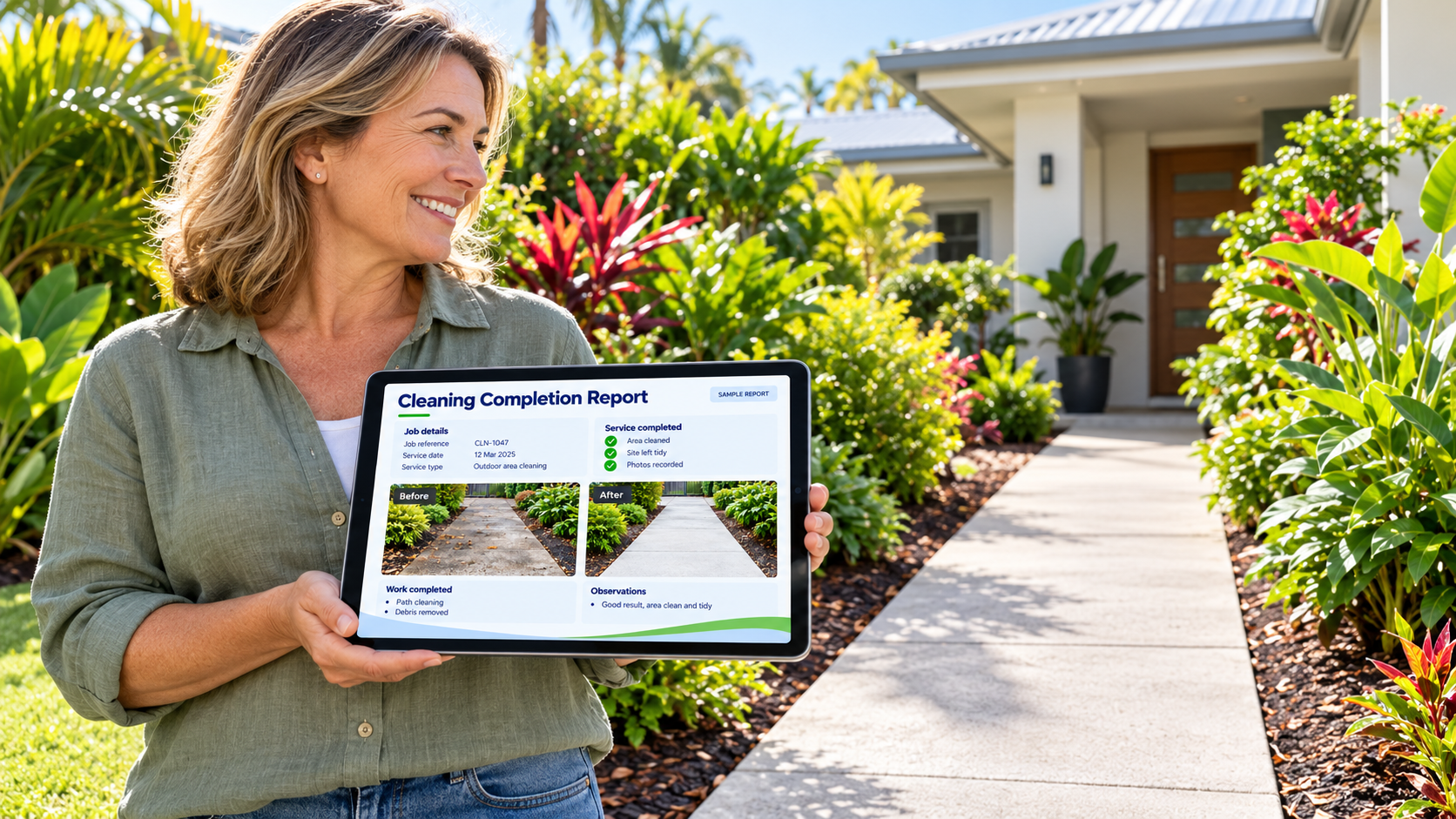 Cleaning Completion Report shown on a tablet and printed — sample report