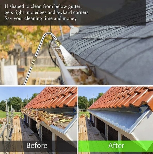 Ground-level gutter cleaning using U-shaped attachment — equipment marketing photo showing before and after results