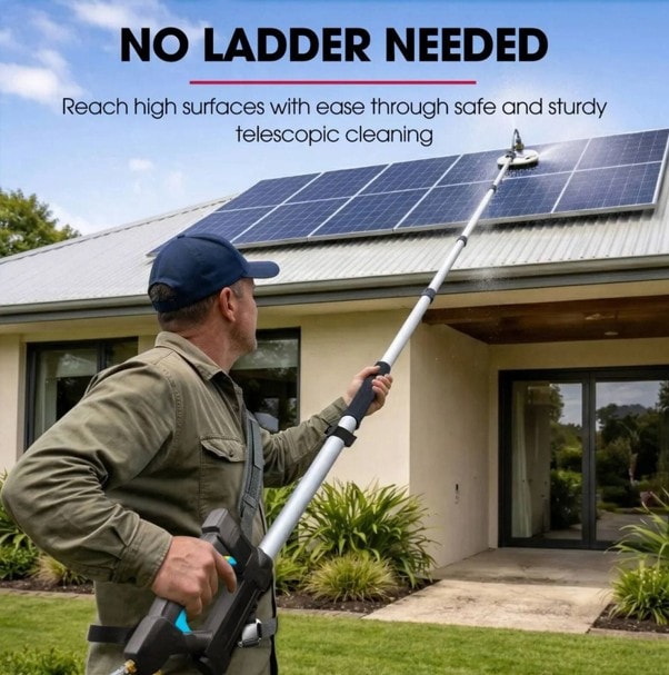 Solar panel cleaning using extension equipment from ground level